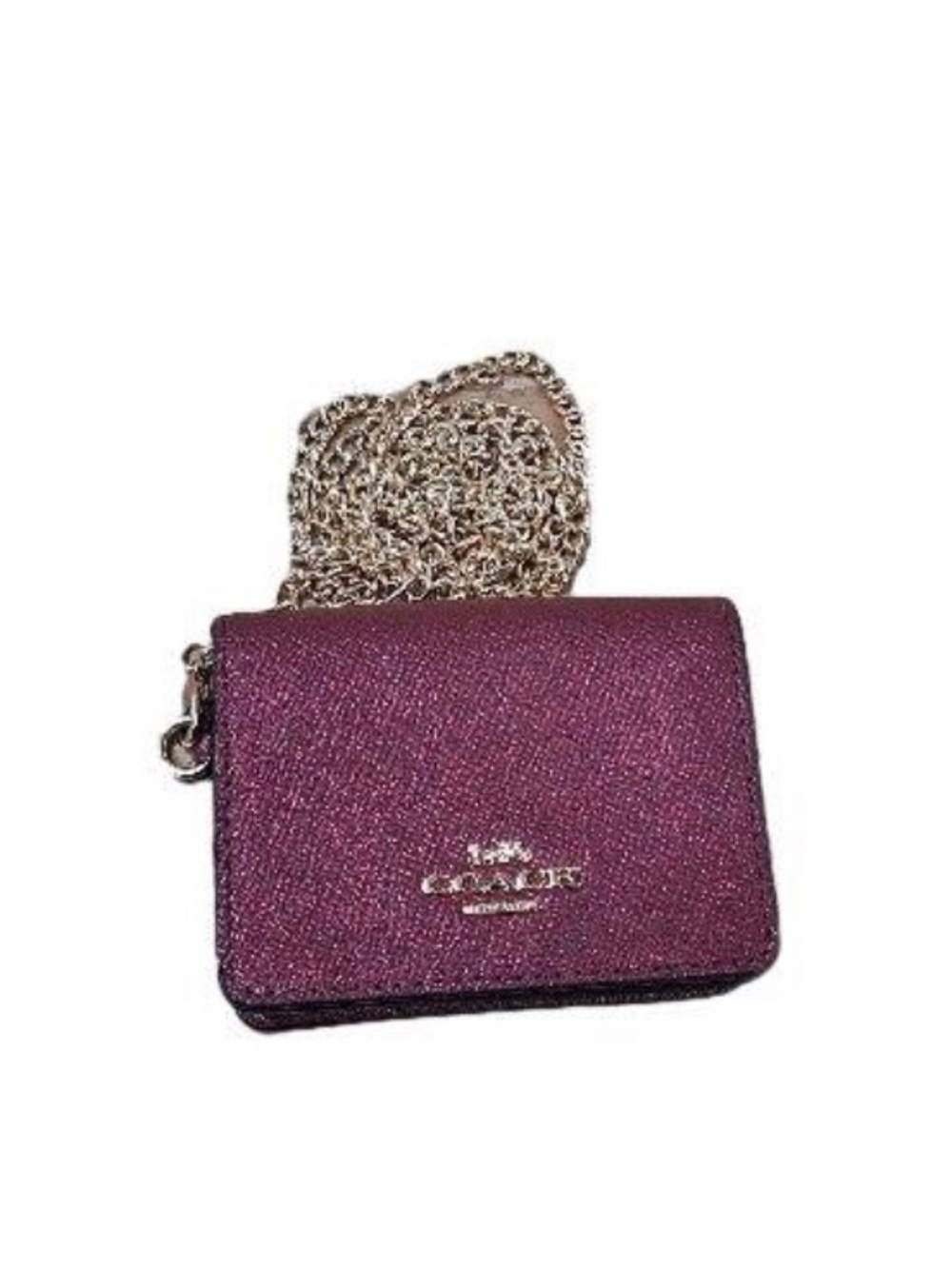 Coach Plum Textured Leather Crossbody Wallet with Gold Chain